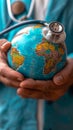 Global health check Doctor listens to a world globe with stethoscope