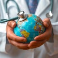 Global health check Doctor listens to a world globe with stethoscope