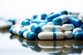 Global healthcare symbolized by a stack of blue and white pills