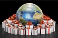 Global holiday shopping concept, Earth with gift boxes. 3D rendering