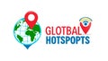 Global Hotspots Map Pins on Globe Icon, Travel Data, vector design Generative AI Royalty Free Stock Photo