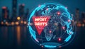 Global Import Tariffs Digital Globe Map Night Cityscape Background Red Warning Triangle world Royalty Free Stock Photo