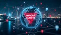 Global Import Tariffs Network Digital Globe Red Triangle Data Points Cityscape Night image Royalty Free Stock Photo
