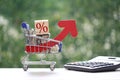 Global inflation or Deflation concept, Red arrow graph and stack of coins money on model miniature shopping cart on natural green