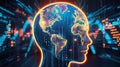 Global intelligence concept showing world map inside a glowing human head with binary code overlay. Royalty Free Stock Photo