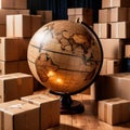 Global international logistics and delivery, shown by globe surrounded by cardboard boxes Royalty Free Stock Photo