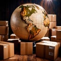 Global international logistics and delivery, shown by globe surrounded by cardboard boxes Royalty Free Stock Photo