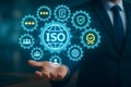 Global ISO quality management system icons in blue gears Royalty Free Stock Photo