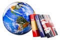 Global Language Learning, concept. Textbooks or dictionaries with Earth Globe. 3D rendering