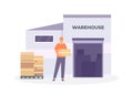 Global logistic chain. Male character carrying parcels to warehouse. Cartoon worker in uniform unloading boxes