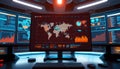 Global logistic dashboard displays dynamic world map with data points. Interactive tech interface shows real-time analytics, Royalty Free Stock Photo