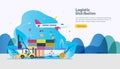 global logistic distribution service illustration concept. delivery worldwide import export shipping banner with people character Royalty Free Stock Photo