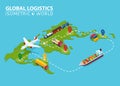 Global Logistic Isometric Vehicle Infographic. Ship Cargo Truck Van Logistics Service. Import Export Chain. Ensured