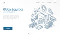 Global logistic service modern isometric line illustration. Export, import, warehouse business, transport sketch drawn