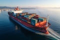 Global logistic trade portrayed by aerial container ship view on international open sea