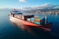 Global logistic trade portrayed by aerial container ship view on international open sea