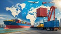 Global logistics concept with cargo ship, airplane, and truck in composite transportation background Royalty Free Stock Photo
