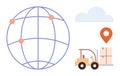 Global logistics concept with forklift moving goods, world map, cloud, and location marker elements Royalty Free Stock Photo