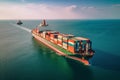 A global logistics, container ship on open sea, aerial drone perspective.