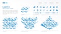 Global Logistics import, export, modular isometric constructor. Seamless pattern base, line icon, character set