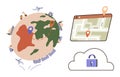 Global logistics, navigation, and data security depicted through map, cloud, and transport elements Royalty Free Stock Photo
