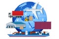 Global logistics network. Air cargo, rail transportation, maritime shipping, warehouse, container ship, city skyline on