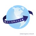 Global logistics network. The blue arrow goes around the globe. White similar world map. Set icons transport and logistics. Royalty Free Stock Photo