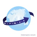 Global logistics network. The blue arrow goes around the globe. White similar world map. Set icons transport and logistics.