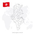 Global logistics network concept. Communications network map Tunisia on the world background. Map of  Tunisia with nodes in polygo Royalty Free Stock Photo