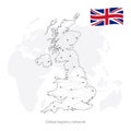 Global logistics network concept. Communications network map United Kingdom of Great Britain and Ireland on the world background. Royalty Free Stock Photo