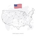 Global logistics network concept. Communications network map of the USA on the world background. Map United States of America with Royalty Free Stock Photo