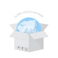 Global logistics network concept. Globe is in cartboard box for delivery. Open cardboard box with packaging symbols. Royalty Free Stock Photo