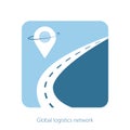 Global logistics network concept. The road with geolocation icons on blue background. Logistic template for your web site design