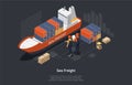 Global logistics network concept. Set of Cargo Ship, Containers, Forklift, Workers. Transportation maritime shipping On Royalty Free Stock Photo