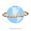 Global logistics network. Earth Globe Surrounded by Cardboard Boxes with Parcel Goods on a white background. Map global logistics