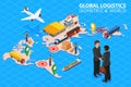 Global logistics network Flat 3d isometric vector illustration Set of air cargo trucking rail transportation maritime