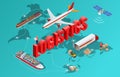 Global logistics network Flat 3d isometric vector illustration Set of air cargo trucking rail transportation maritime