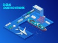 Global logistics network flat isometric vector illustration. Concept of air cargo trucking rail transportation maritime Royalty Free Stock Photo