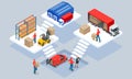 Global logistics network isometric illustration. Isometric Logistics and Delivery concept. Delivery home and office