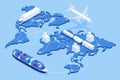 Global logistics network isometric illustration Icons set of air cargo trucking rail transportation maritime shipping On