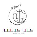 Global logistics network. Map global logistics partnership connection. Airplane connections network concept and colorful lettering Royalty Free Stock Photo