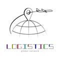 Global logistics network. Map global logistics partnership connection. Airplane connections network concept and colorful lettering Royalty Free Stock Photo