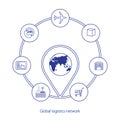 Global logistics network. Map global logistics partnership connection. White similar world map and logistics icons in blue. Royalty Free Stock Photo