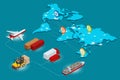 Global logistics network Web site concept Flat 3d isometric vector illustration Air cargo trucking rail transportation