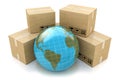 Global logistics, shipping and worldwide delivery business concept: Earth planet globe surrounded by heap of stacked corrugated c