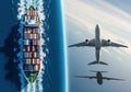 Global logistics showing a cargo ship at sea and airplanes in the sky isolated on white background Royalty Free Stock Photo