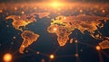 Global map with glowing orange network lines connecting continents and cities. Digital data flows across the planet surface, Royalty Free Stock Photo