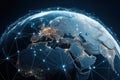 global map of the planet of Earth connected by lines between continents and countries. 5G Internet, global data exchange Royalty Free Stock Photo