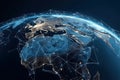 global map of the planet of Earth connected by lines continents and countries. 5G Internet, global exchange, communication Royalty Free Stock Photo