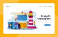 Global Maritime Logistic Landing Page Template. Characters Work in Seaport Load Cargo, Shipping Port with Harbor Crane